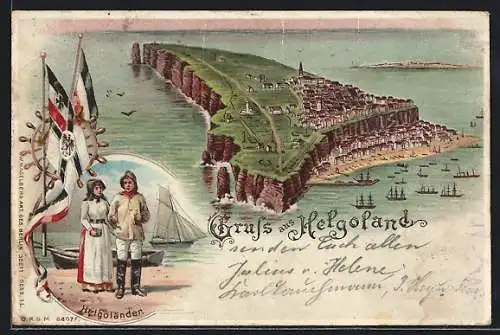 Künstler-AK Helgoland, Gesamtansicht der Ortschaft auf der Insel, Helgoländer am Strand