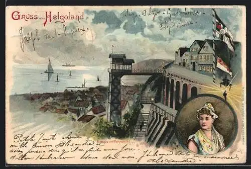 Lithographie Helgoland, Treppe und Fahrstuhl, Frau in Tracht