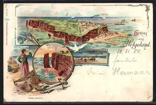 Lithographie Helgoland, Nord-Cap, Restaurant zum Hohenzoller, Frau blickt auf die See hinaus