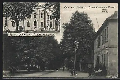 AK Bassum, Bremen-Osnabrücker Chaussee mit Hotel Harling, Gerichtsgebäude und Kriegerdenkmal