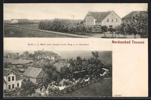 AK Tossens, Nordseebad, Blick von der Mühle über den Ort sowie Weg nach dem Gasthaus Strandhof