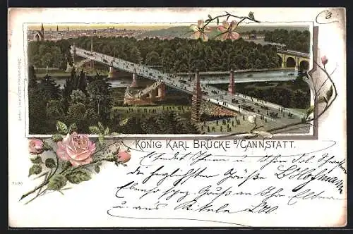 Lithographie Cannstatt, König Karl Brücke aus der Vogelschau