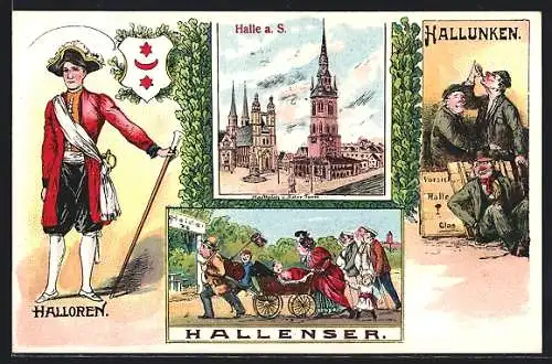 Lithographie Halle a. S., Marktplatz mit roter Turm, m Hallenser, Hallunken, Halloren
