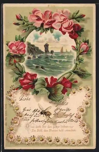 AK Biene und von Blumen umwebtes Landschaftsmotiv