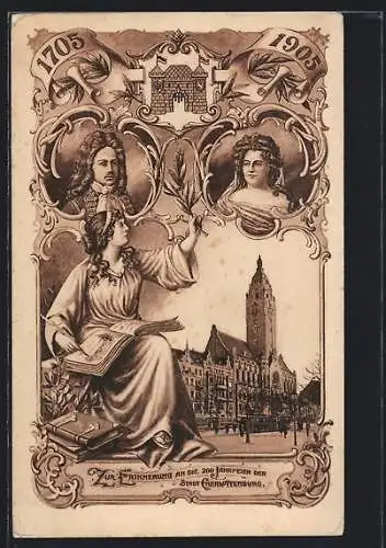 AK Berlin-Charlottenburg, Anlasskarte 200-Jahrfeier der Stadt 1905, Strassenpartie mit Kirche, Stadttor, Wappen