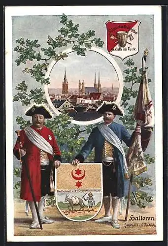AK Halle / Saale, Halloren, Hauptmann und Fändrich mit Fahnen und Dreispitz halten Wappen, Ortsansicht, Wappen