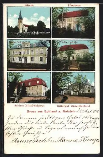 AK Sohland /Rotstein, Kirche, Pfarrhaus, Neue Schule, Alte Schule, Schlossss Mittel-Sohland, Rittergut Mittel-Sohland