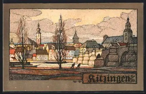 Steindruck-AK Wilhelm Greiner: Kitzingen a/M, Teilansicht der Ortschaft