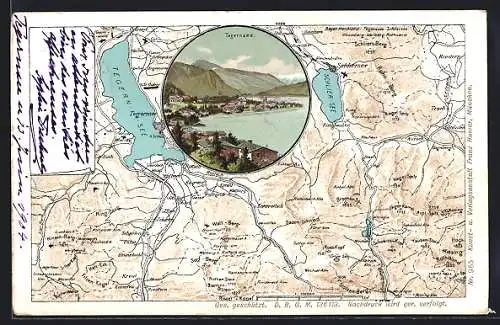Lithographie Tegernsee, Landkarte von Ort und Umgebung