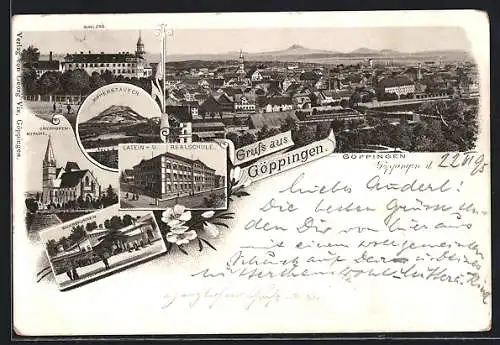 Vorläufer-Lithographie Göppingen, 1895, Schloss, Hohenstaufen, Latein- u. Realschule