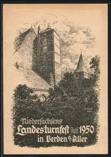 Lithographie Verden a. Aller, Niedersachsens Landesturnfest 1950, Ansicht der Kirche