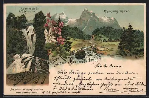 Lithographie Berner Oberland, Reichenbachfall, Rosenlaigletscher