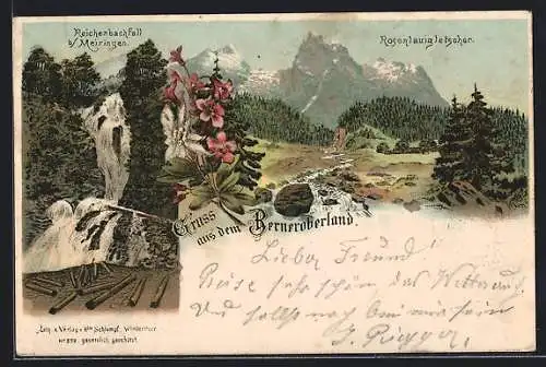 Lithographie Berner Oberland, Reichenbachfall, Rosenlaigletscher