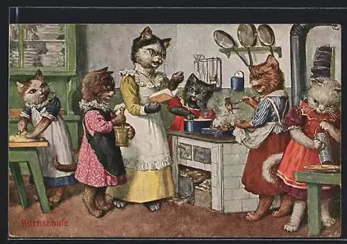 AK Katzen-Kochschule, Lehrerkatze mit Rezeptbuch, Katzen braten Mäuse in der Pfanne