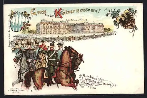 Lithographie Würzburg, Königliches Schloss, Wappen, Kaisermanöver