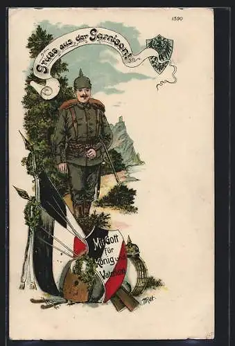 Lithographie Gruss aus der Garnison, Sächsischer Soldat in Uniform mit Tschako