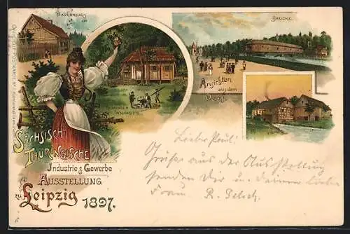 Lithographie Leipzig, Sächsisch-Thüringische Industrie-Gewerbe-Ausstellung 1897, Waldhütte