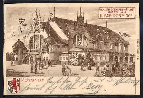 AK Düsseldorf, Industrie-, Gewerbe- und Kunstausstellung 1902, Festhalle und Stadtwappen