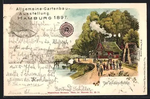 Lithographie Hamburg, Allgemeine Gartenbau-Ausstellung 1897, Weg zur Waldschenke