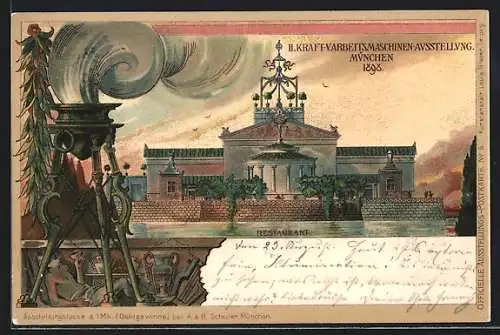 Lithographie München, II. Kraft-u. Arbeitsmaschinen-Ausstellung 1898, Restaurant, Mann mit Weingals, Topf