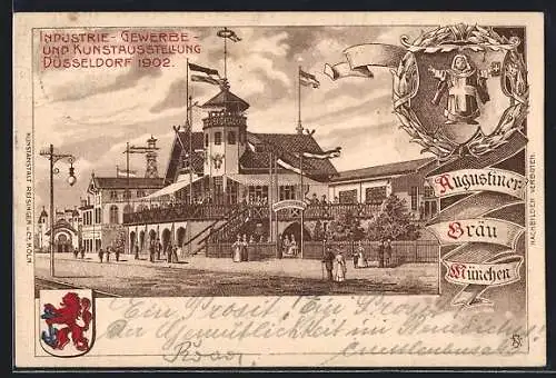 Lithographie Düsseldorf, Industrie- Gewerbe- und Kunstausstellung 1902, Restaurant Augustiner Bräu, Wappen