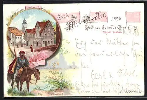 Lithographie Berlin, Gewerbe-Ausstellung 1896, Rathaus vom Spandauer Thor betrachtet