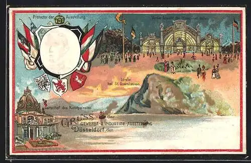 Lithographie Düsseldorf, Gewerbe- und Industrie-Ausstellung, Maschinen-Hallen, Gartenhof des Kunstpalastes