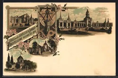 Lithographie Nürnberg, Bay. Landes-Ausstellung 1896, Weinhaus, Kunsthalle, Maschinenhalle, Industriegebäude, Blumen