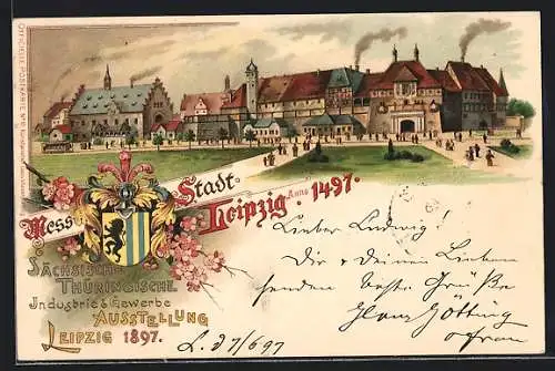 Lithographie Leipzig, Sächsisch-Thüringische Industrie- und Gewerbe-Ausstellung 1897, Ausstellungshallen mit Besuchern