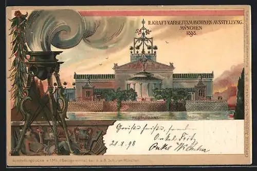 Lithographie München, II. Kraft-u. Arbeitsmaschinen-Ausstellung 1898, Restaurant, Mann mit Weingals, Topf