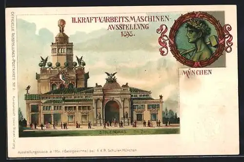 Lithographie München, II. Kraft- und Arbeitsmaschinen-Ausstellung 1898, Südlicher Eingang