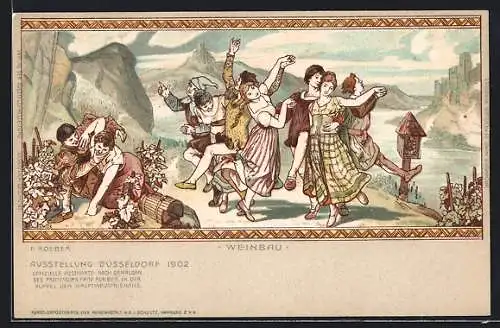 Lithographie Düsseldorf, Industrie- & Gewerbe-Ausstellung 1902, Tanzende Menschen beim Weinbau
