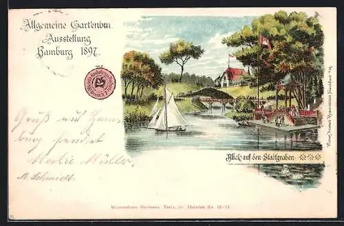 Lithographie Hamburg, Allgemeine Gartenbau-Ausstellung 1897, Blick auf den Stadtgraben mit Segelboot