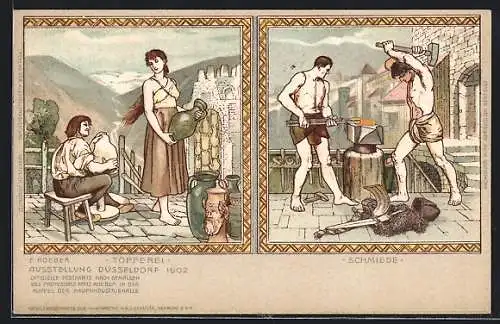 Lithographie Düsseldorf, Ausstellung 1902, Töpferei, Schmiede, Jugendstil