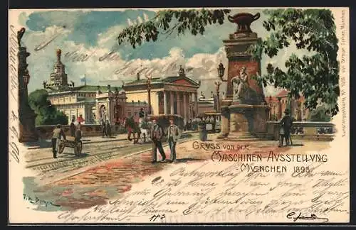 Künstler-AK Fritz Bergen: München, Maschinen Ausstellung 1898, Festgelände, Strassenbahn