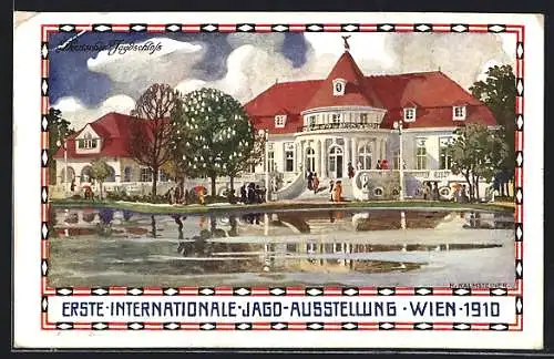 Künstler-AK H. Kalmsteiner: Wien, Erste Internationale Jagd Ausstellung 1910, Deutsches Jagdschloss