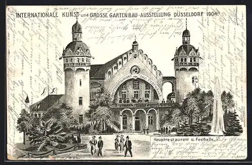 Lithographie Düsseldorf, Internationale Kunst- und Grosse Gartenbau-Ausstellung 1904, Hauptrestaurant u. Festhalle