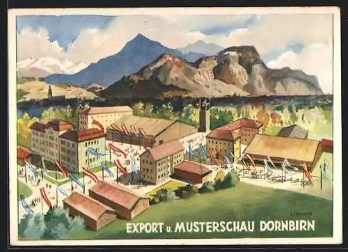Künstler-AK Dornbirn, Export- und Musterschau 1949, Totalansicht