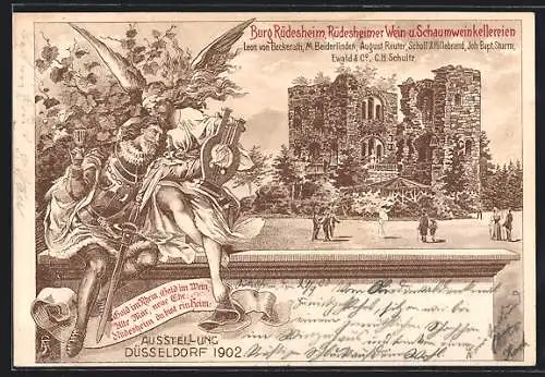 Lithographie Düsseldorf, Ausstellung 1902, Burg Rüdesheim, Rüdesberger Wein- und Schaumweinkellereien