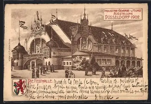 Künstler-AK Düsseldorf, Industrie- und Gewerbeausstellung 1902, Festhalle und Stadtwappen