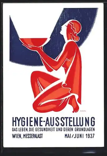 AK Wien, Hygiene-Ausstellung im Mai-Juni 1937, Messepalast, Frau mit strahlender Schale