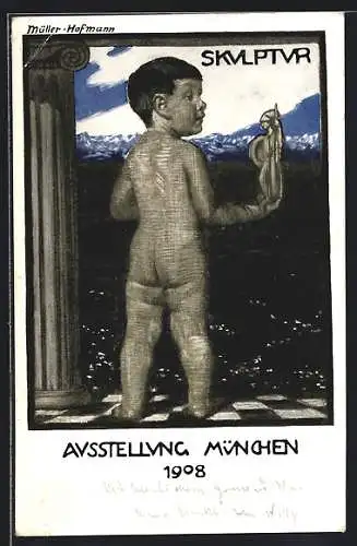 Künstler-AK sign. Müller-Hofmann: München, Ausstellung 1908, Bub mit Bavaria in der Hand