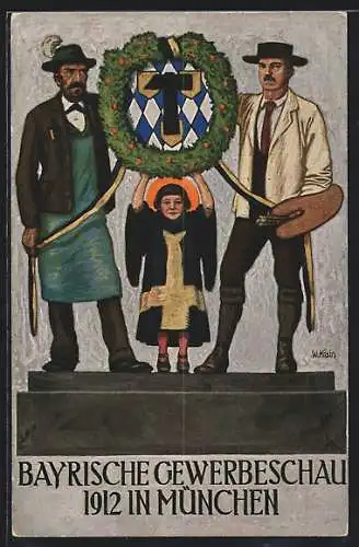 AK München, Bayerische Gewerbeschau 1912, Münchener Kindl, Wappen