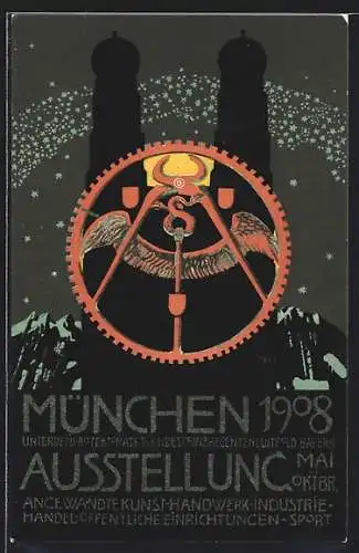 Künstler-AK sign. Diez: München, Kunst-Handwerk-Industrie-Ausstellung 1908, Zange und Zahnrad vor Frauenkirche