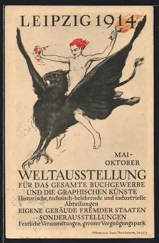 AK Leipzig, Weltausstellung für das gesamte Buchgewerbe 1914, Jüngling mit Fackel reitet auf Fabelwesen