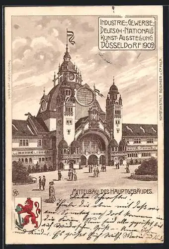 Künstler-AK Düsseldorf, Industrie- Gewerbe- Deutsch-Nationale Kunst-Ausstellung 1902, Mittelbau des Hauptgebäudes