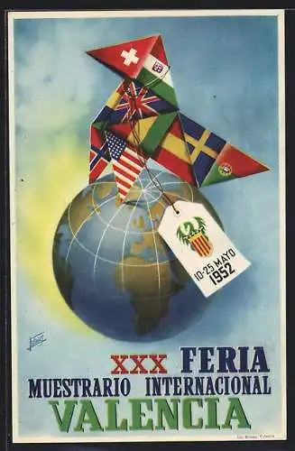 Künstler-AK Valencia, XXX Feria Muestrario Internacional 1952, Ausstellung, Flaggen und Globus
