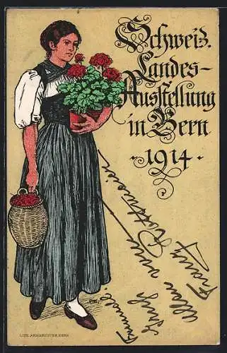 Künstler-AK Bern, Schweiz Landes-Ausstellung 1914, Gärtnerin mit roten Blumen