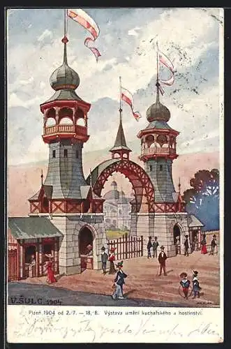 Künstler-AK Pilsen, Ausstellung für Kochkunst und Hotelwesen 1904, Festgelände