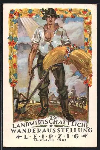 Künstler-AK Leipzig, 28. Landwirtschaftliche Wanderausstellung 1921, Bauer auf dem Feld